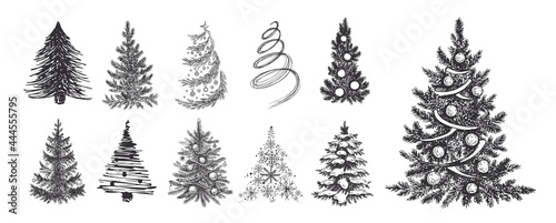 Christmas tree set. Hand drawn illustration. Vector.	
