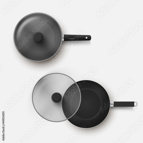 Fényképezés Top view set frying pan with lid vector realistic illustration