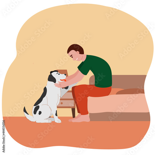 Happy man with dog. Cartoon male character sitting on bed and looking at pet touching his knees. Stress, sadness, trouble, animal, pet, support concept flat vector illustration on white background.