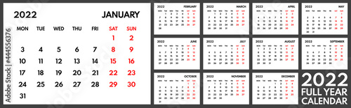 2022 full year office calendar template, week starts monday, two weekend days