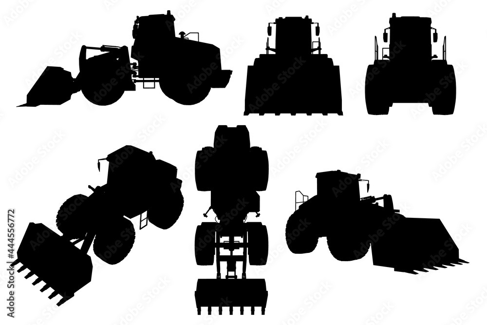 Set with silhouettes of a bulldozer in various positions isolated on a white background. Vector illustration