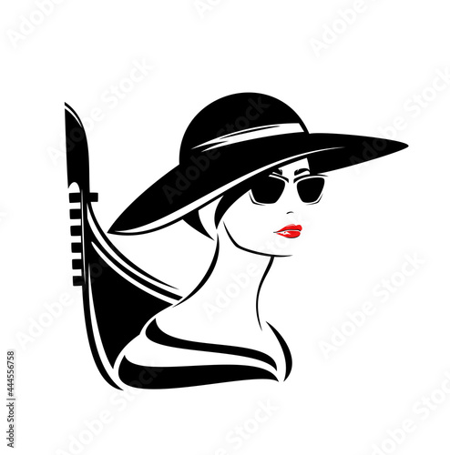 elegant woman with sunglasses wearing wide brimmed hat with gondola boat outline - stylish italian tourist in venice black and white vector portrait