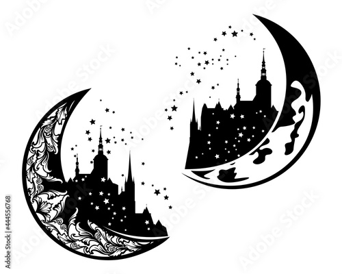 fairy tale medieval castle on a crescent moon - night time fantasy architecture black and white vector silhouette design photo