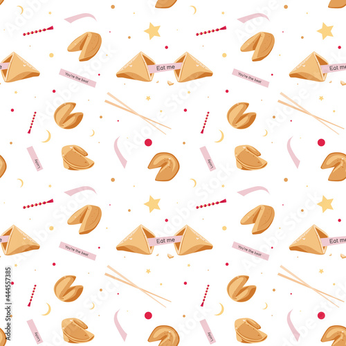 Seamless pattern of fortune cookies. Vector cartoon illustration on a white background for print and postcard