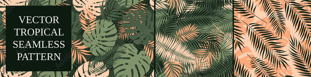 Set of seamless patterns with exotic green monstera leaves and palm branches, summer tropical vector backgrounds
