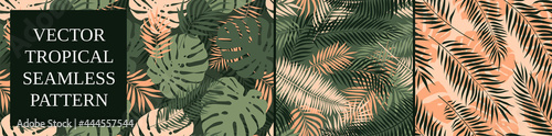 Set of seamless patterns with exotic green monstera leaves and palm branches, summer tropical vector backgrounds