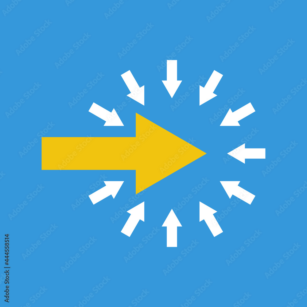 many small white arrows pressing on one big yellow, leadership or bullying vector concept many small white arrows pressing on one big yellow, leadership or bullying vector concept