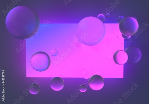 Abstract surreal sci-fi background with floating glass spheres and neon rectangle. 3D illustration.