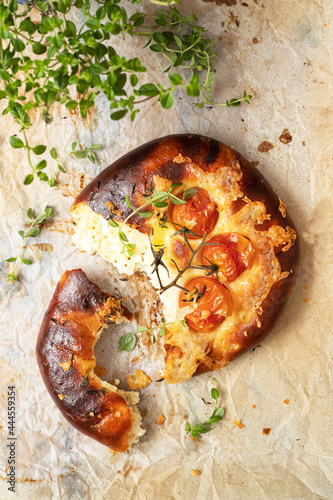Homemade cheese focaccia with tomato cherry