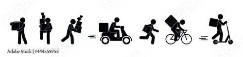 cargo transportation, parcel delivery, illustration of movers and couriers, stick figure man carries a box, food delivery icon © north100