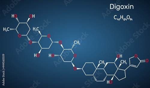 Digoxin, molecule. It is cardiac glycoside, cardiovascular medication, used to manage atrial fibrillation and symptoms of heart failure. Structural chemical formula on the dark blue background
