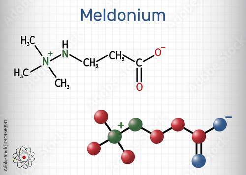 Meldonium molecule. Cardioprotective drug used for treatment of heart failure, myocardial infarction, arrhythmia, atherosclerosis, diabetes. Sheet of paper in a cage