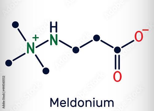 Meldonium molecule. Cardioprotective drug used for treatment of heart failure, myocardial infarction, arrhythmia, atherosclerosis, diabetes. Skeletal chemical formula