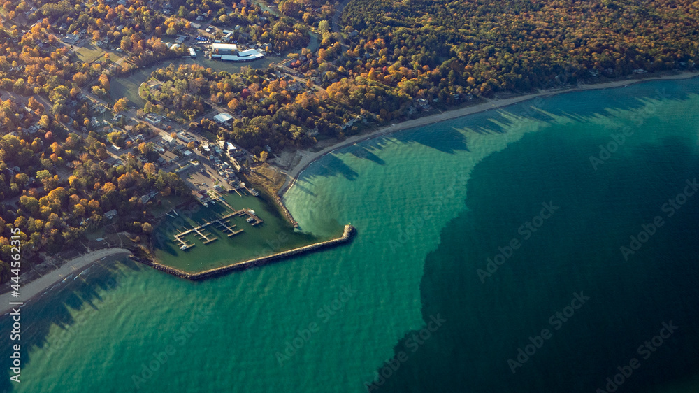 Aerial of Leland, Michigan of Lake Michigan in Autumn