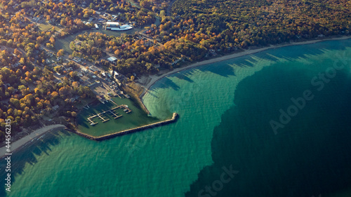 Aerial of Leland, Michigan of Lake Michigan in Autumn