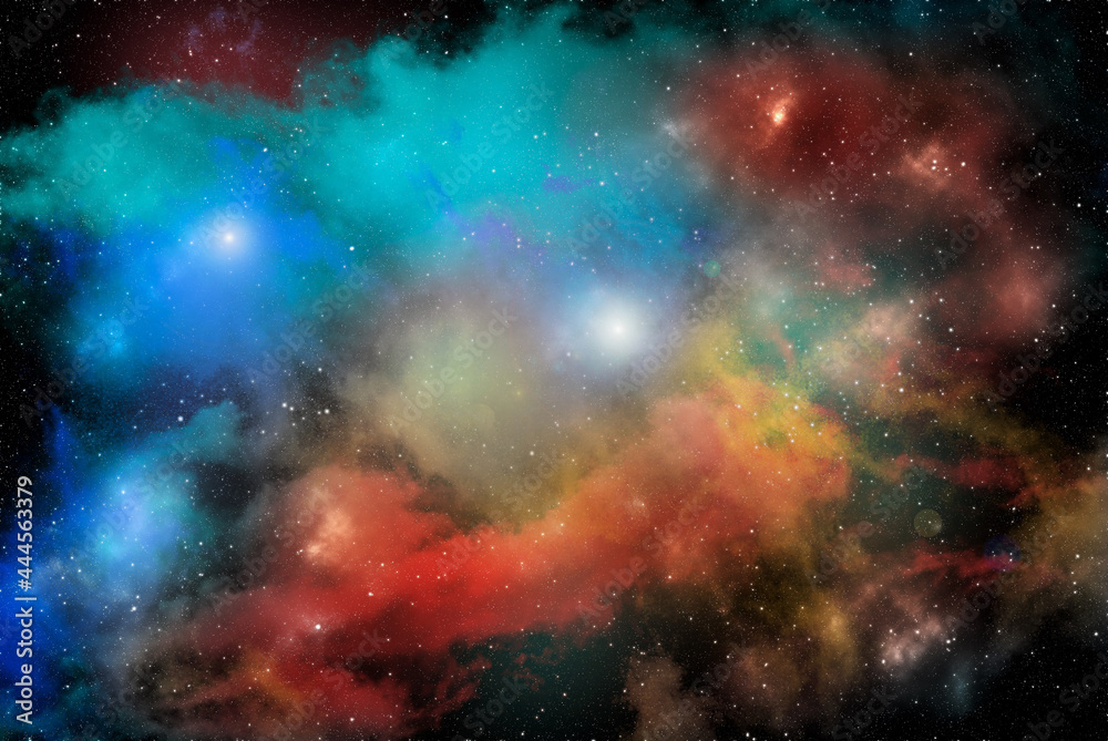 Fototapeta premium Space background with stardust and shining stars. Realistic cosmos and color nebula. Colorful galaxy. 3d illustration 