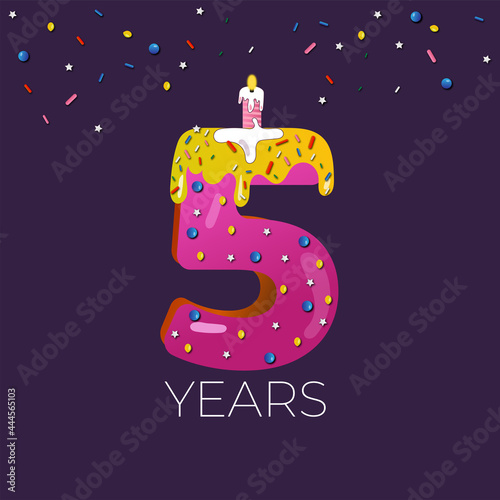  5 year anniversary. Birthday card. Invitation.Birthday cake font number 5 with candle.Vector Illustration.