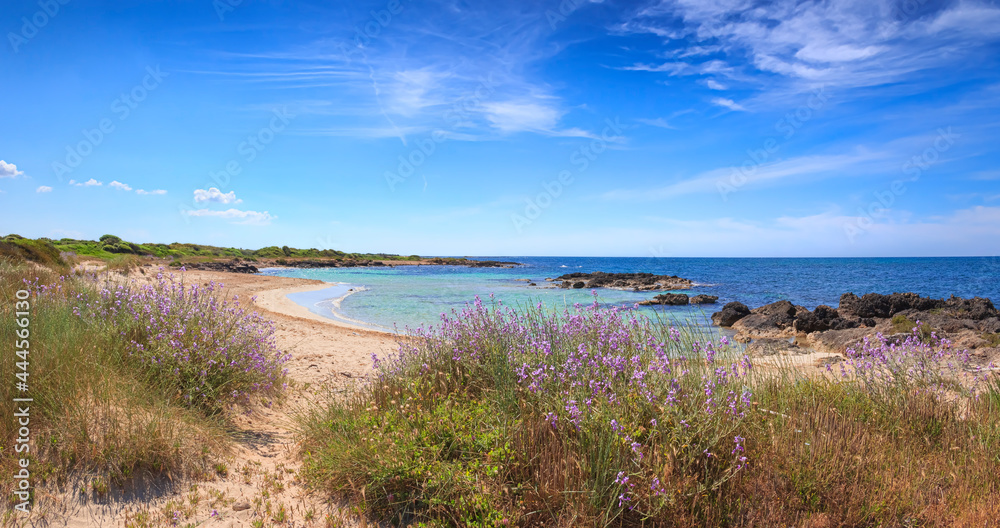 The beautiful coast of Salento: Marina di Salve Beach. It' s almost sandy and embellished with low cliffs, easy to reach in the area of the municipalities of Salve and Ugento in Puglia, Italy.