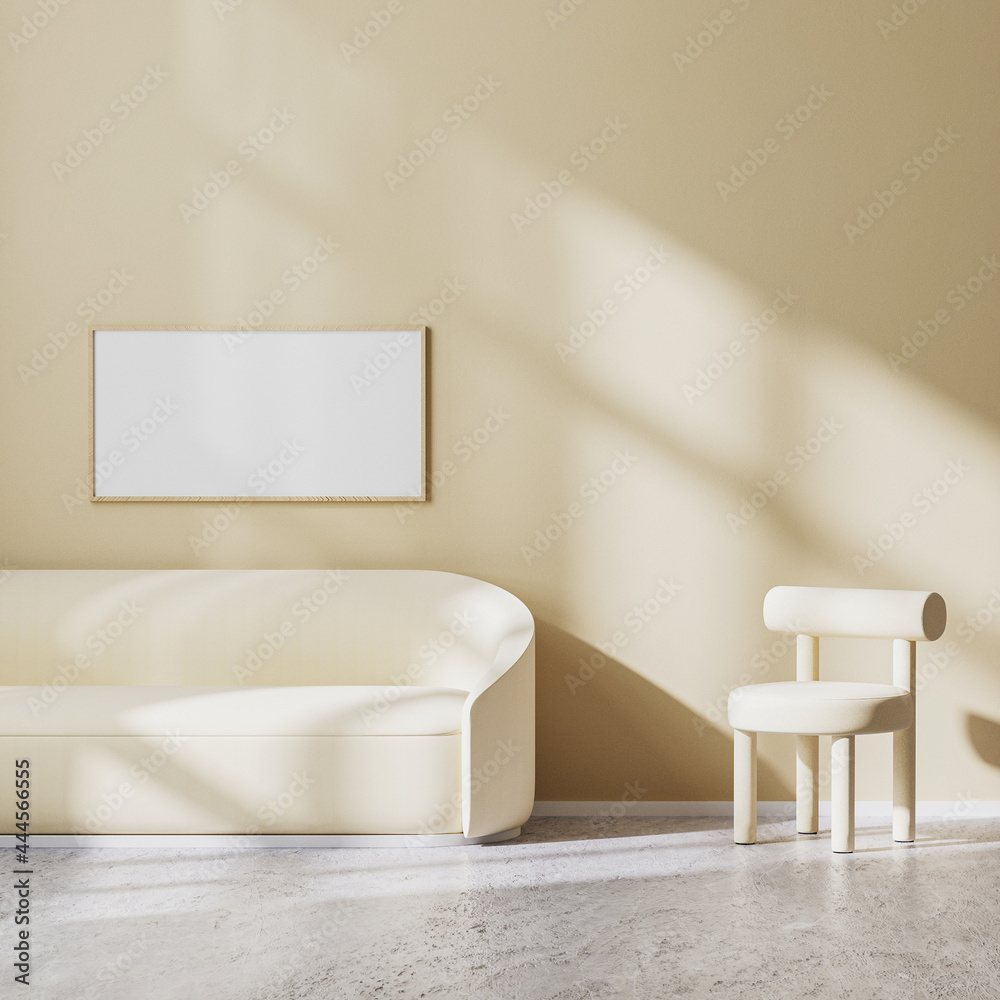 horizontal frame mock up in modern minimalistic design of living room with light beige armchair and sofa with sunbeams on wall, beige wall and concrete floor, 3d rendering horizontal frame mock up in modern minimalistic design of living room with light beige armchair and sofa with sunbeams on wall, beige wall and concrete floor, 3d rendering