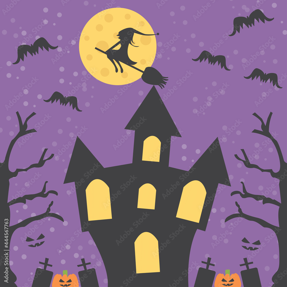 Plakat Halloween night with castle. Halloween day background. Vector illustration.
