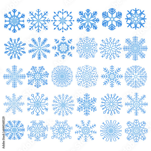 3D snowflakes. Winter snowflake crystals, christmas snow shapes and frosted cool blue icon, cold xmas season frost snowfall decoration. Vector isolated symbol set