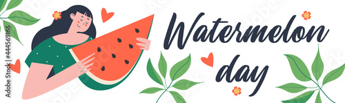 Watermelon Day. Festive fun vector banner. A set of cliparts on a white background.