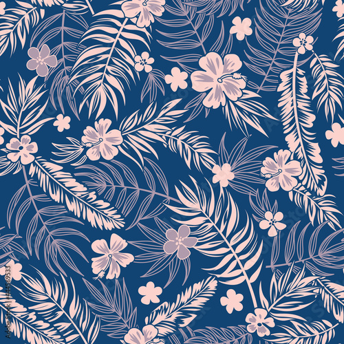 Seamless tropical floral background with palm leaves for summer dress fabric