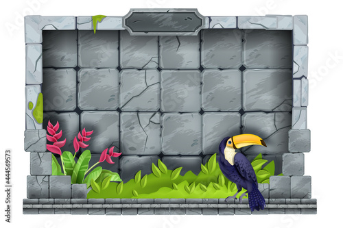 Jungle stone game frame, vector tropical interface panel border, paradise flowers, toucan, rock tiles. Ancient cracked maya sign board, user web interface menu concept. Stone frame illustration