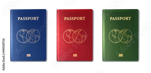 3d realistic vector collection of passports, green, red and blue.