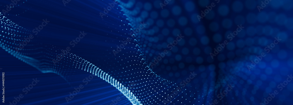 Obraz premium Abstract wave flow. Wave of particles. Abstract particle. Data visualization. Abstract digital background. Futuristic point wave. Design for poster. Technology vector background. 
