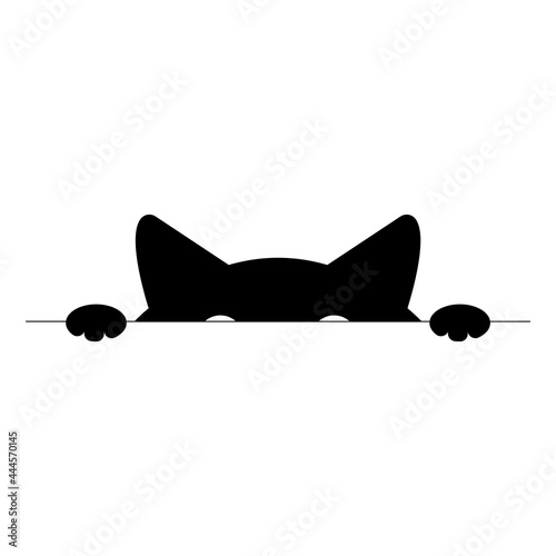 Cat peeking out from table. Funny cunning feline family animal silhouette looking for food. Cute vector illustration and creative design for postcard, greeting card, banner, web, print