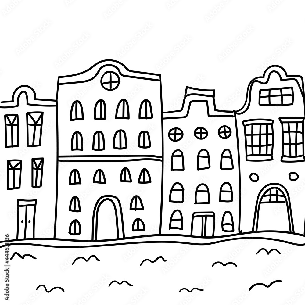 hand drawn doodle Dutch houses. Amsterdam street with homes with different windows and doors.