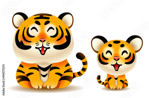 Cute tiger and tiger cub isolated on white background.