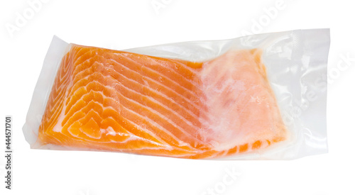 Fotografi Vacuum packed raw salmon portion fillet isolated on white background