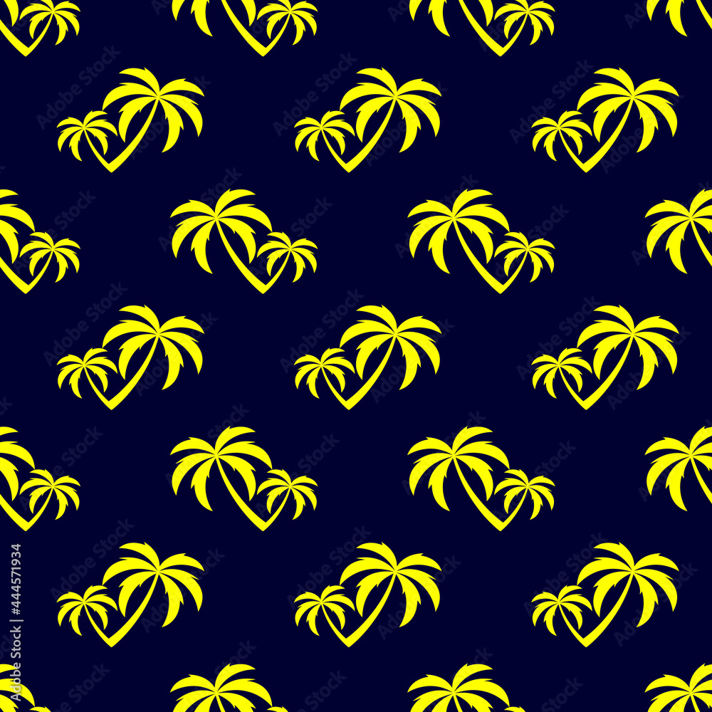 Yellow coconut trees on a dark, blue background. Seamless background. Marine pattern for fabric, clothing, textile, wrapping paper. Vector, illustration