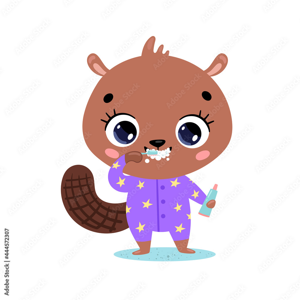flat doodle cute cartoon baby beaver brushing teeth. Animals brush