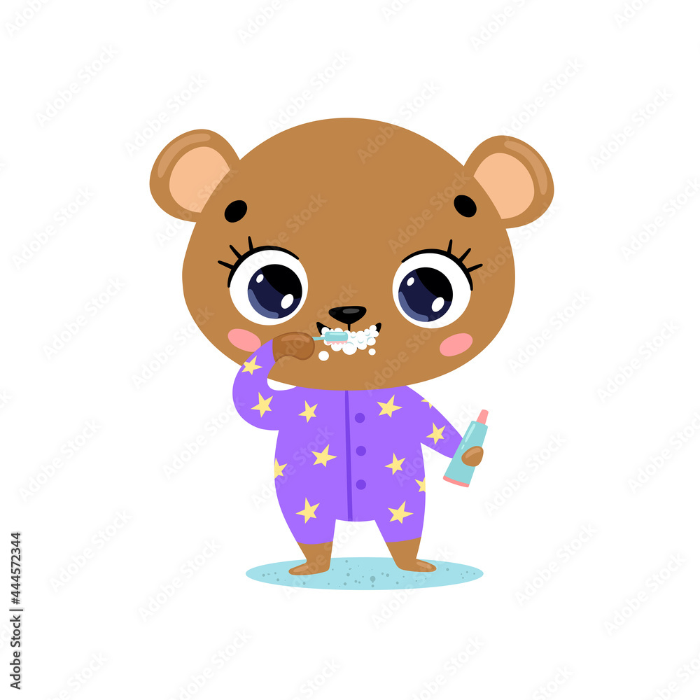 Vector flat doodle cute cartoon baby bear brushing teeth. Animals brush their teeth. Vector flat doodle cute cartoon baby bear brushing teeth. Animals brush their teeth.