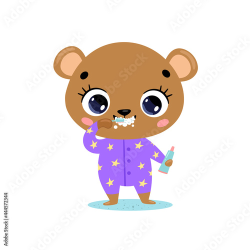 Vector flat doodle cute cartoon baby bear brushing teeth. Animals brush their teeth.