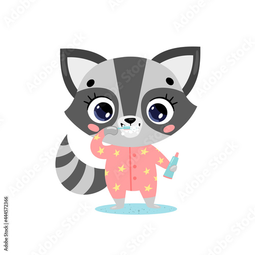 Vector flat doodle cute cartoon baby raccoon brushing teeth. Animals brush their teeth.