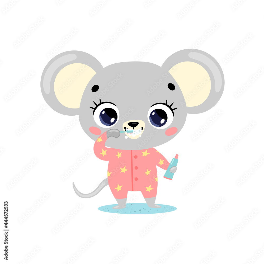 flat doodle cute cartoon baby mouse brushing teeth. Animals brush their teeth. flat doodle cute cartoon baby mouse brushing teeth. Animals brush their teeth.