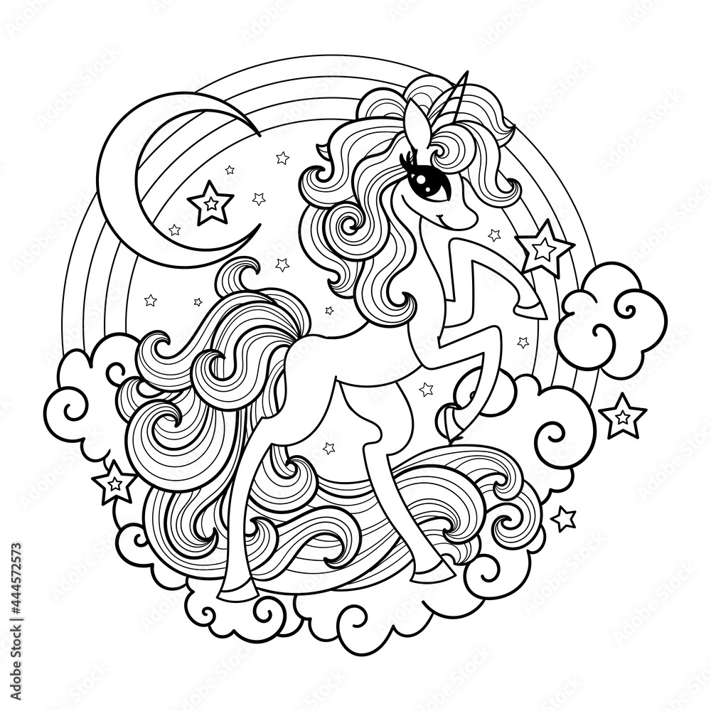 Beautiful unicorn on the clouds. Round composition. Black and white linear drawing. Vector