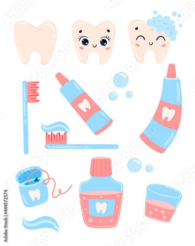 Vector flat doodle cute cartoon brush your teeth set: teeth, toothpaste, dental floss, foam, mouthwash