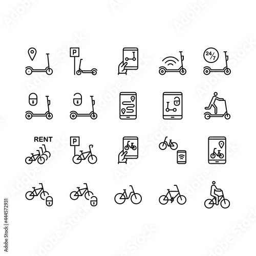 Bike and electric scooter sharing flat line icons set. Urban transportation, rental, sharing service, parking, eco transport, pointer. Simple flat vector illustration for store, web site or mobile app