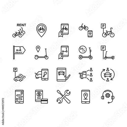 Urban transportation sharing flat line icons set. Car, bike and electric scooter rental, sharing service, parking, eco transport, pointer. Simple flat vector illustration for store, web site or mobile