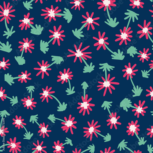 Colorful flowers with leaves seamless repeat pattern. Random placed  vector botanical elements all over sufrace print on dark blue background.