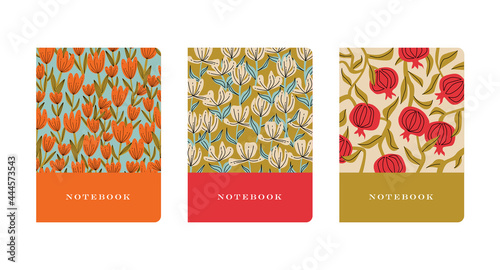 Set of notebook covers with floral vector illustrations of flowers and pomegranate in vintage style