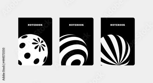 Set of 3 covers for notebooks with a 3d ball sphere with a cartridge stripe or polka dots black and white