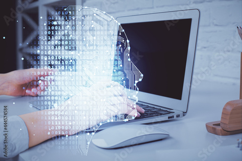 Multi exposure of woman hands working on computer and brain hologram drawing. Ai concept.