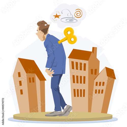 Male low energy and needs charging. Tired man is walking on street. Illustration for internet and mobile website.