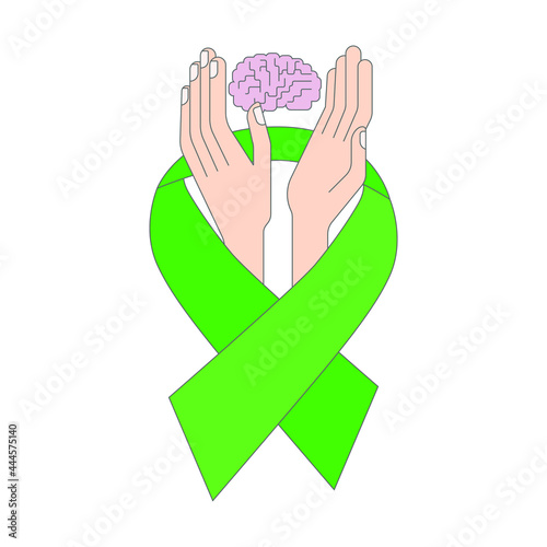 Mental health day, medical treatment vector illustration. Psychology, therapy medical concept. Mental health illustration with hands protecting brain.
